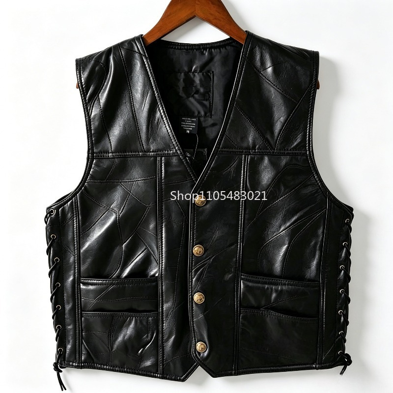 Leather Work Vest - سترة جلدية سوداء للرجال بتصميم مرقع،